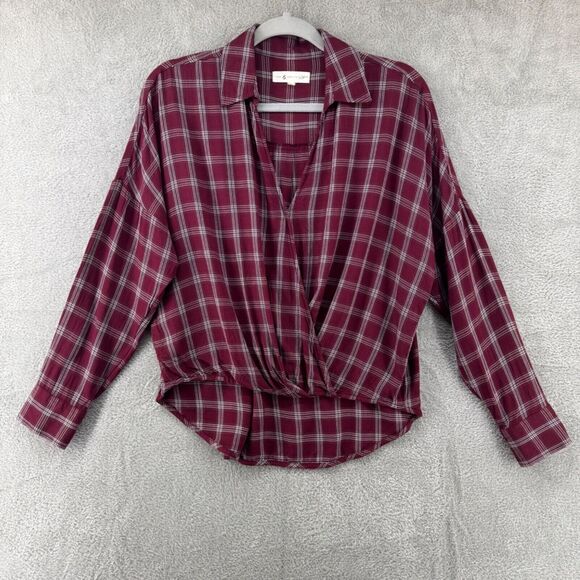 LOFT Lou & Grey Top Womens S Burgundy Plaid Surplice V-Neck Long Sleeves Rushed - Picture 1 of 9